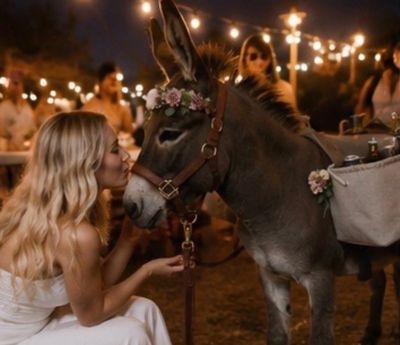 A woman in white gently kisses a flower-crowned donkey at a warmly lit outdoor event.