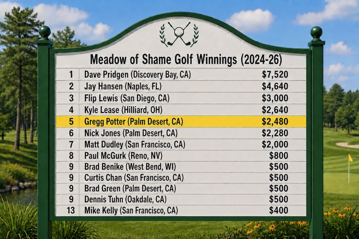 Golf leaderboard highlighting Meadow of Shame winnings for 2024-26.