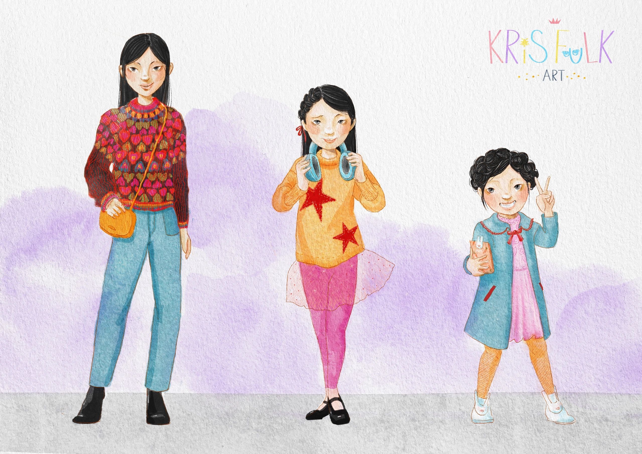 A painted illustration of three girl characters in various ages.
