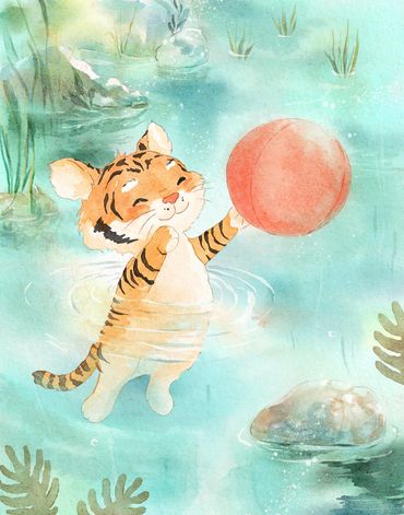 A digital watercolor depicting a cute tiger catching a red ball in a body of water