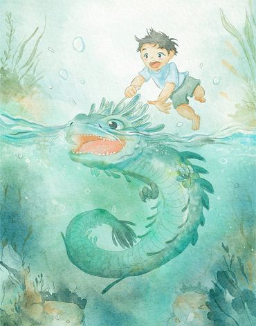 A digital art depicting a boy riding a water dragon