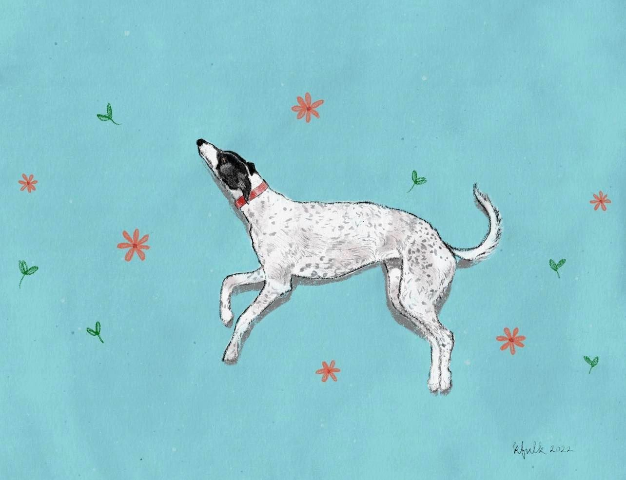 A drawing of a black and white colored dog laying down on a blue background with flowers.