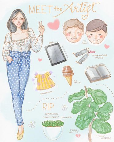 A digital painting of characters and things that I love for my About Me illustration.