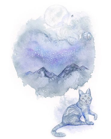 A painting of a strange cat with a star on its foreheads with mountains and a moon behind it.