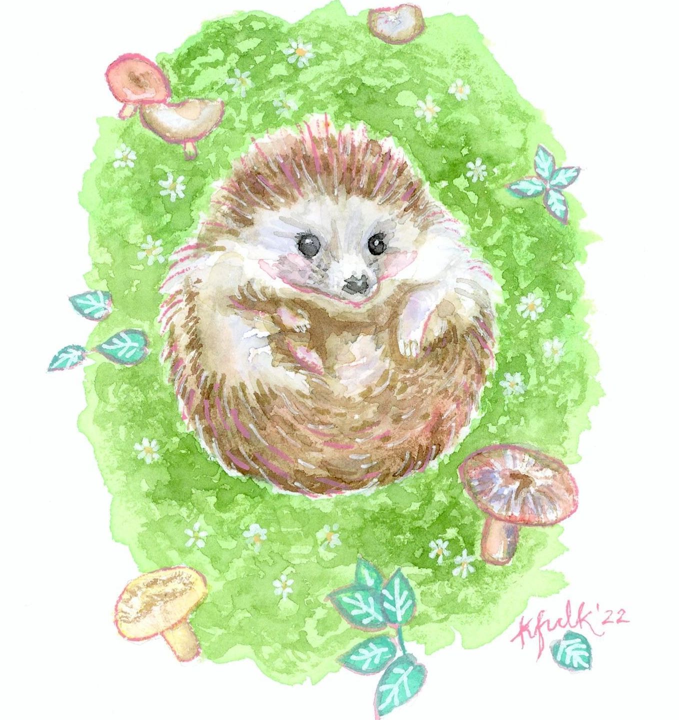 A watercolor painting of a baby hedgehog laying on grass.