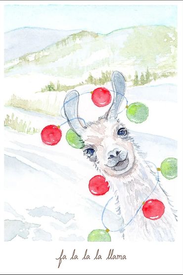 A watercolor painting of a llama with green and red Christmas balls on a string in the snow.