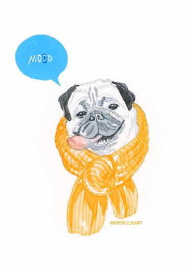 A drawing of a pug saying hello.