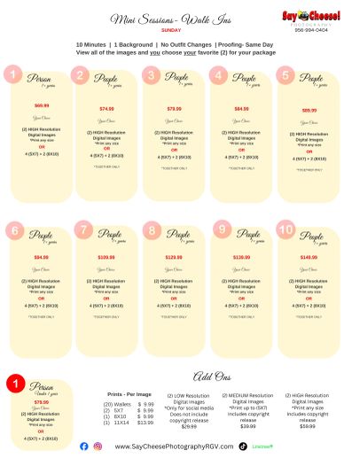 Mini Sessions Walk-Ins photography pricing guide for various group sizes.