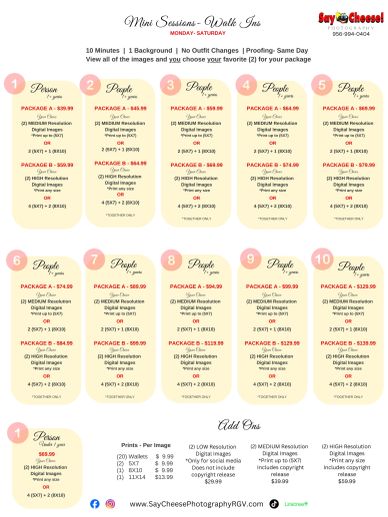 Photography mini session pricing and package details.