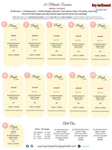 Pricing chart for 20-minute photography sessions with options for 1 to 10 people.