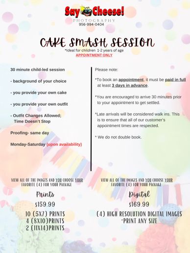 Flyer for a Cake Smash photography session.