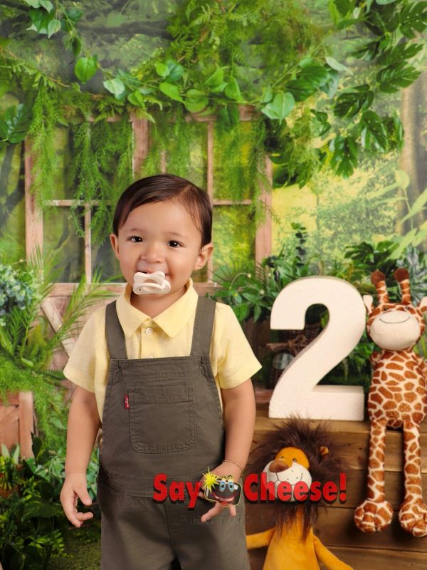 Smiling toddler with pacifier in a jungle-themed birthday setup with number 2 and stuffed animals.