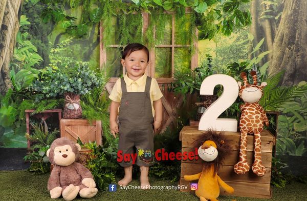 A happy toddler celebrates his 2nd birthday with plush animals and greenery.
