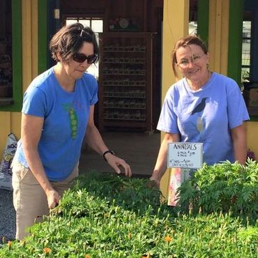Archived photo: (L-R), Greer and Deb arranging plants getting reading for opening day.