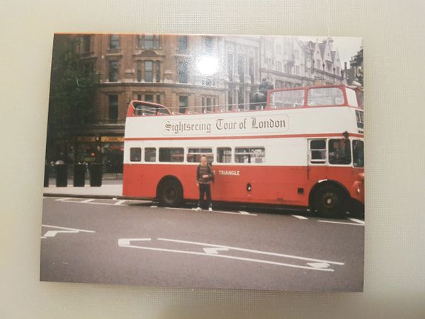vintage style picture of a red London Bus