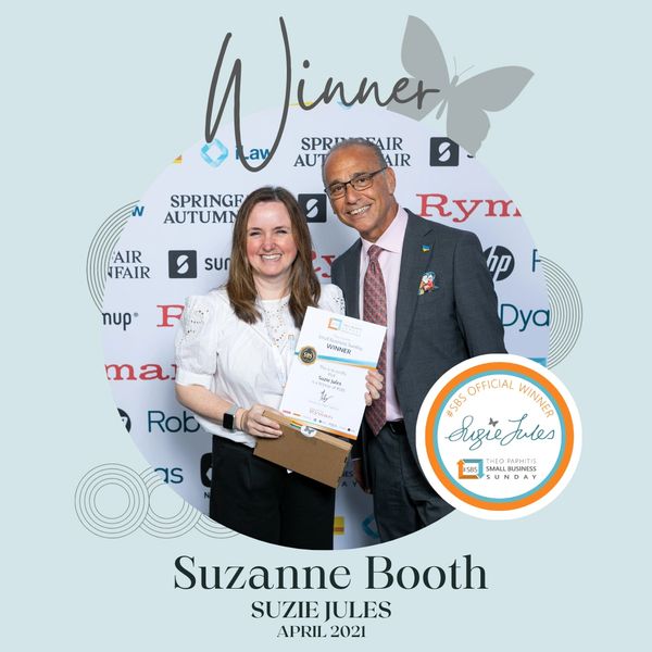 Suzanne Booth of Suzie Jules receives her Small Business Sunday Award from Theo Paphitis