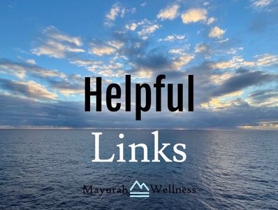 Image is of ocean and clouds. Text overlay says: helpful links, mayurah wellness