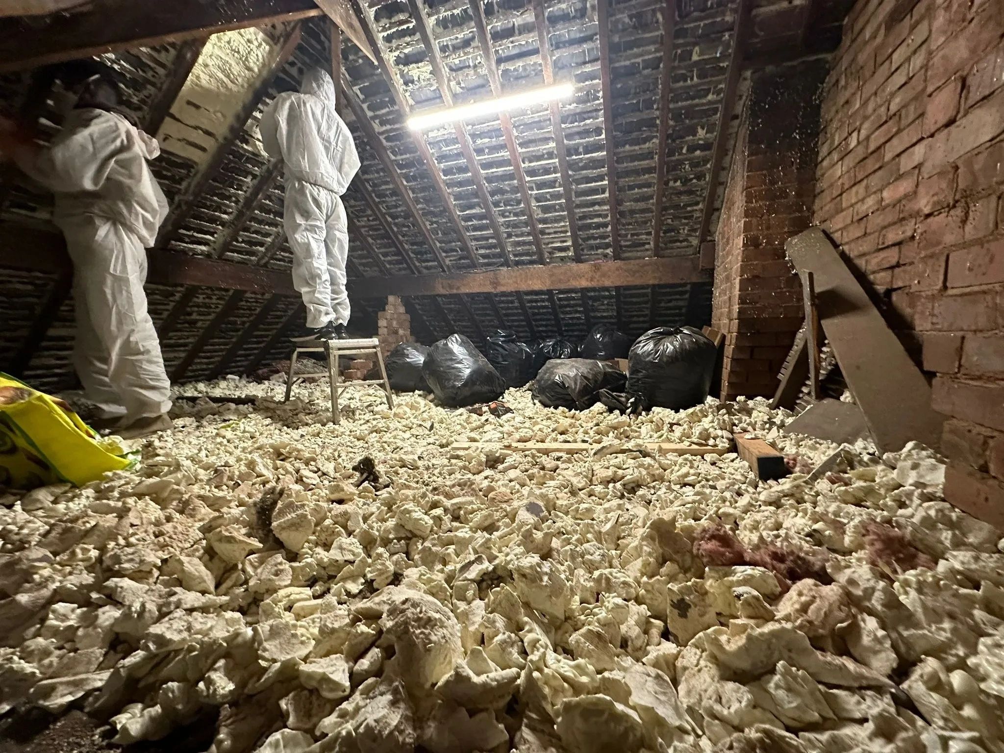 Two workers in protective suits in an attic.