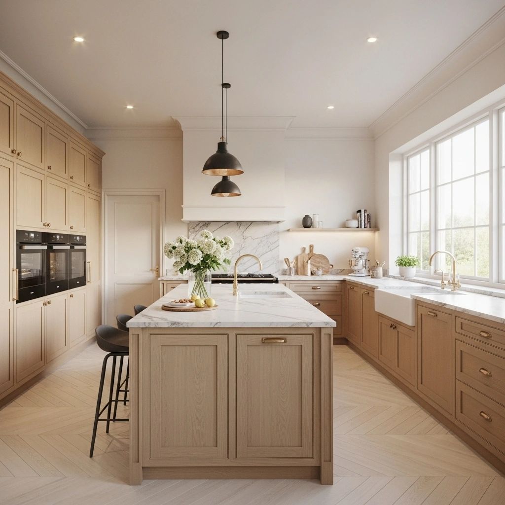 A custom light oak cabinetry, a spacious island with a white marble countertop, and modern lighting.