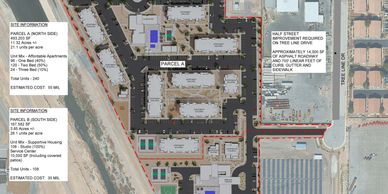 Aerial view of a construction site with detailed parcel information and development plans.
