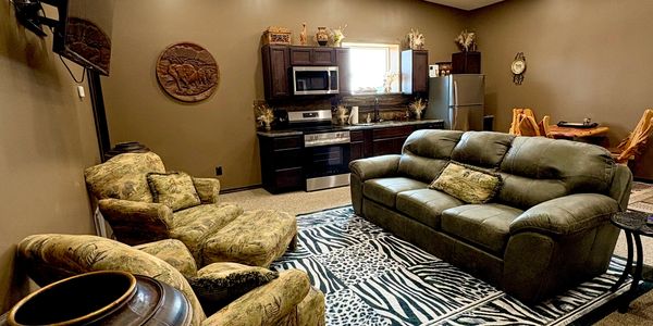Cozy living area with animal print rug and kitchen in the background.