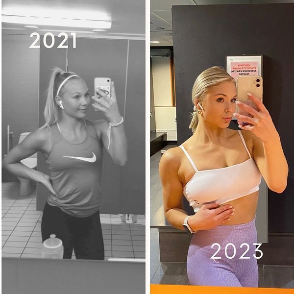 Wellness Fitness- valmennuksen ennen- ja jälkeen- kuvat, joissa fitnesskilpailija poseeraa