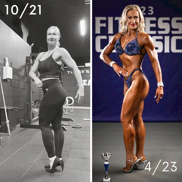 Wellness Fitness- valmennuksen ennen- ja jälkeen- kuvat, joissa fitnesskilpailija poseeraa