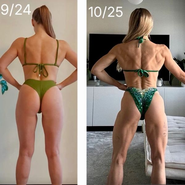 Bikini Fitness- valmennuksen ennen- ja jälkeen- kuvat, joissa fitnesskilpailija poseeraa