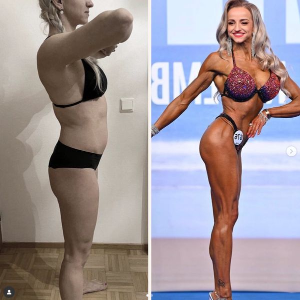 Bikini Fitness- valmennuksen ennen- ja jälkeen- kuvat, joissa fitnesskilpailija poseeraa