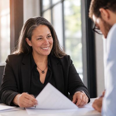 Professional woman smiling during a business meeting with a colleague.