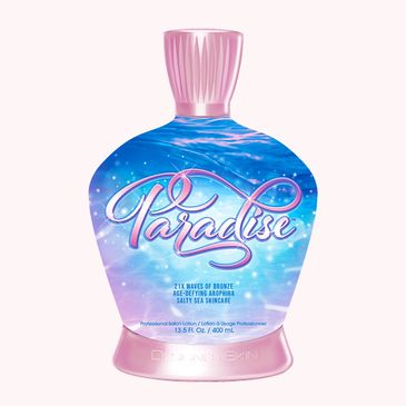 Pink and blue bottle of Paradise anti-aging bronzer lotion.