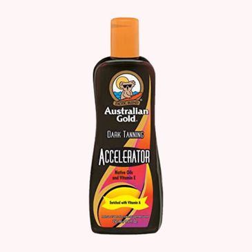 Bottle of Australian Gold Dark Tanning Accelerator with native oils and Vitamin E.