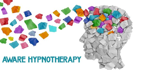 Colorful paper pieces flowing into a head made of gray paper, symbolizing aware hypnotherapy.