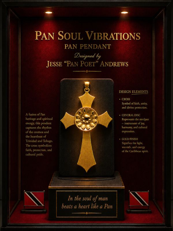Golden Pan Pendant symbolizing faith, unity, and Caribbean spirit.