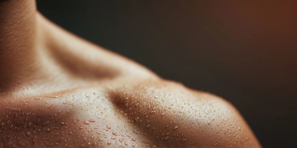 Close-up of wet human shoulder and collarbone.