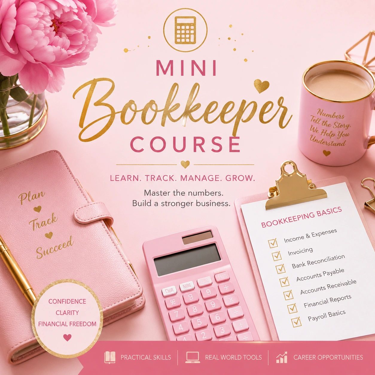 Promo for a pink-themed Mini Bookkeeper Course with practical skills and tools.