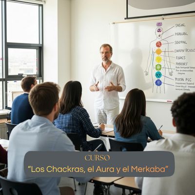 Instructor teaching chakras, aura, and merkaba to attentive students.
