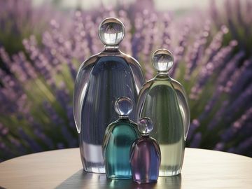 Four elegant glass perfume bottles with lavender flowers in the background.