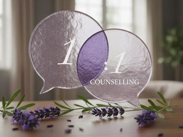 Two overlapping speech bubbles with '1-1 Counselling' and lavender flowers.