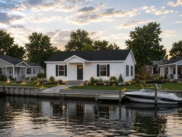 Modern manufactured lake house with open shoreline views and peaceful water access