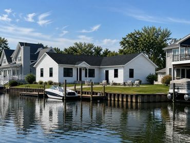 Custom modular lake home with waterfront views and private dock in Northern Indiana