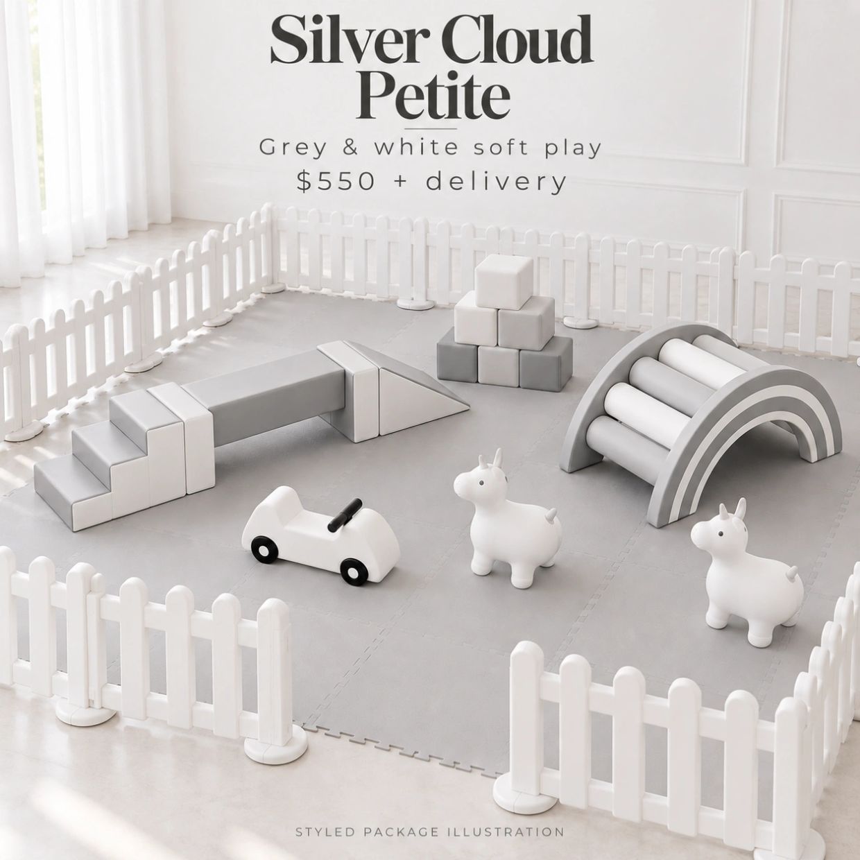 Stylish grey and white soft play area for children with a fence.