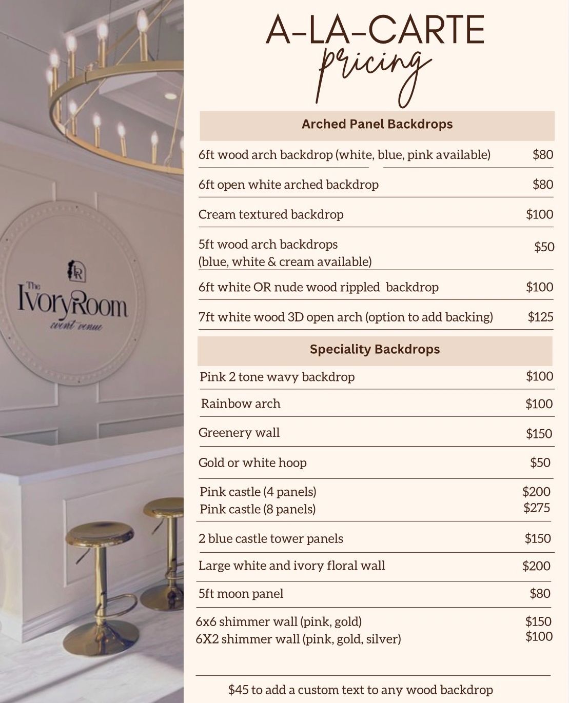 Pricing list for various event backdrops at The Ivory Room.