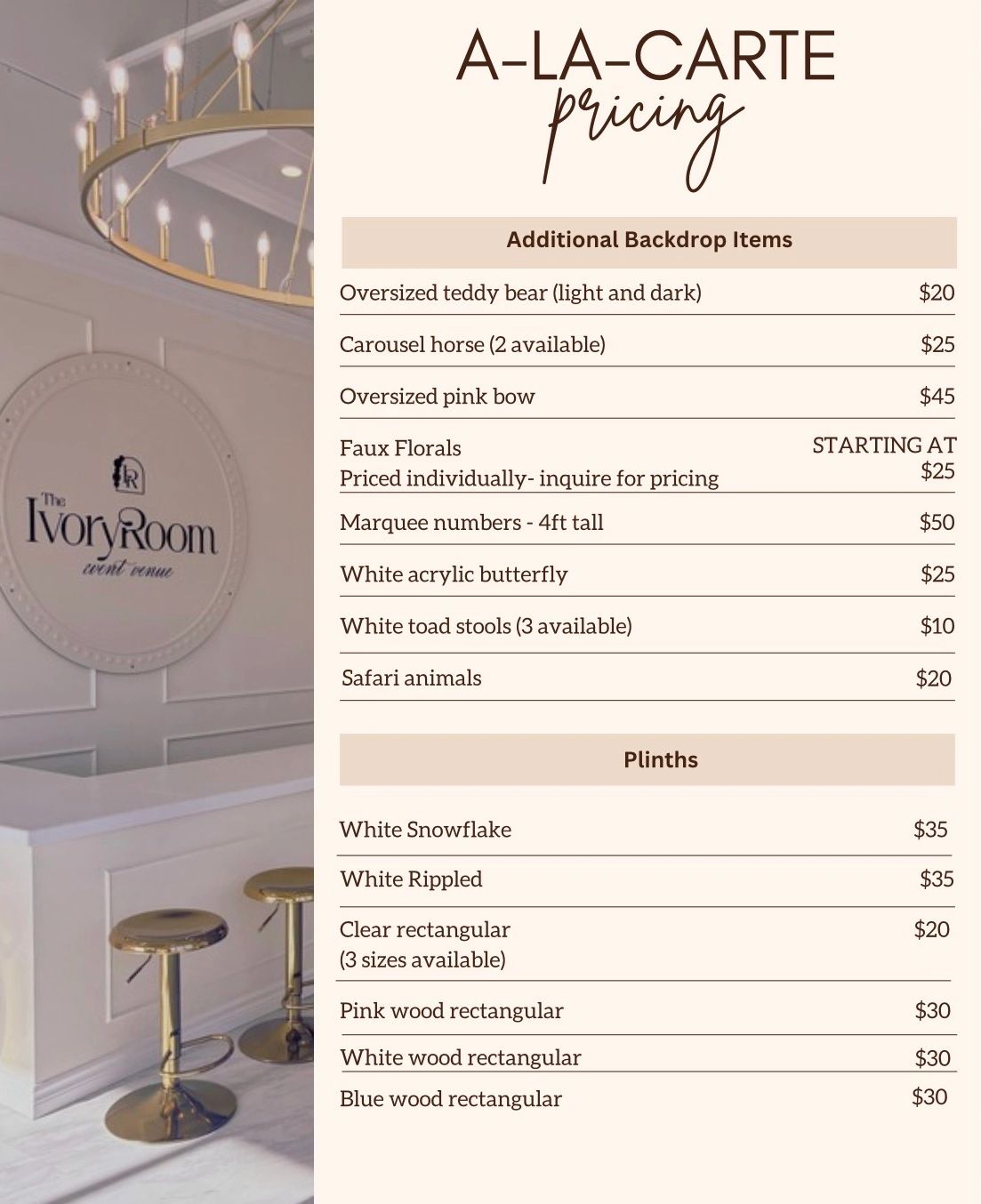 A-la-carte pricing list for event backdrop items and plinths at The Ivory Room.