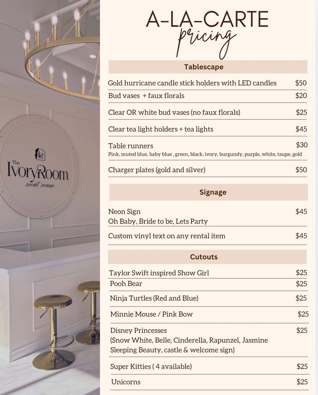 Event rental pricing menu for tablescape, signage, and cutouts.