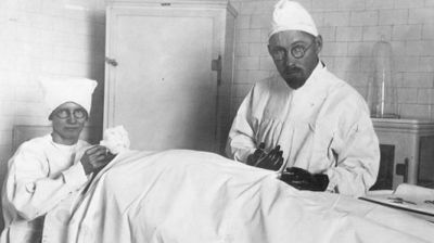 Dr. John R. Brinkley performing his famous goat gland transplantation during the 1920's. 