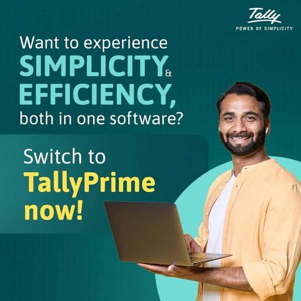 Ad for TallyPrime software promising simplicity and efficiency.
