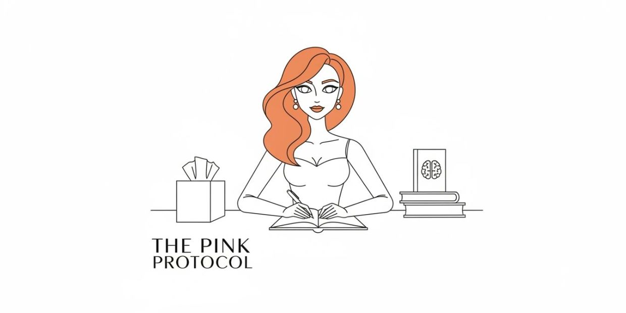 Illustration of a woman writing with the text 'The Pink Protocol'.