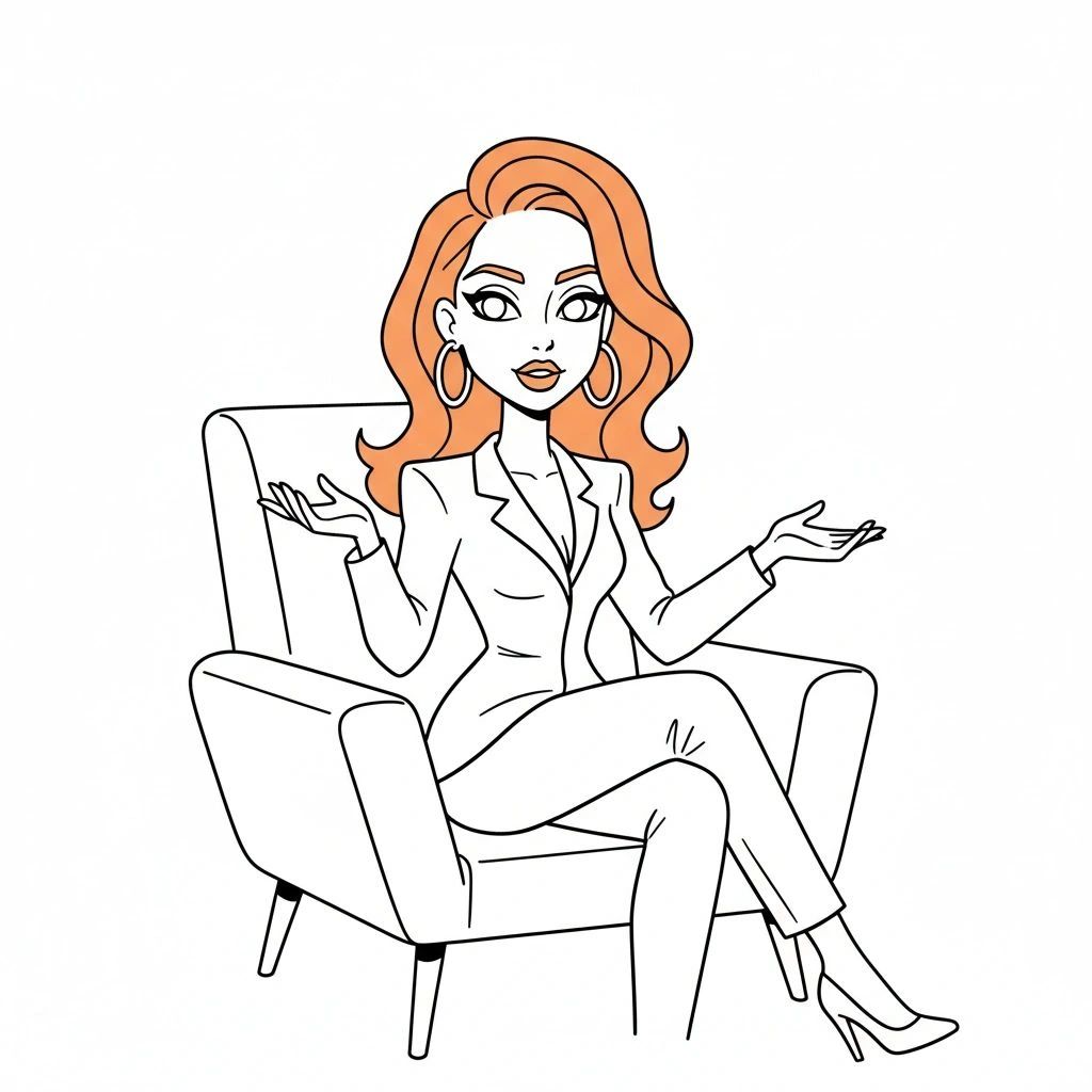 Confident woman with red hair in a suit sitting on a chair, gesturing with her hands.