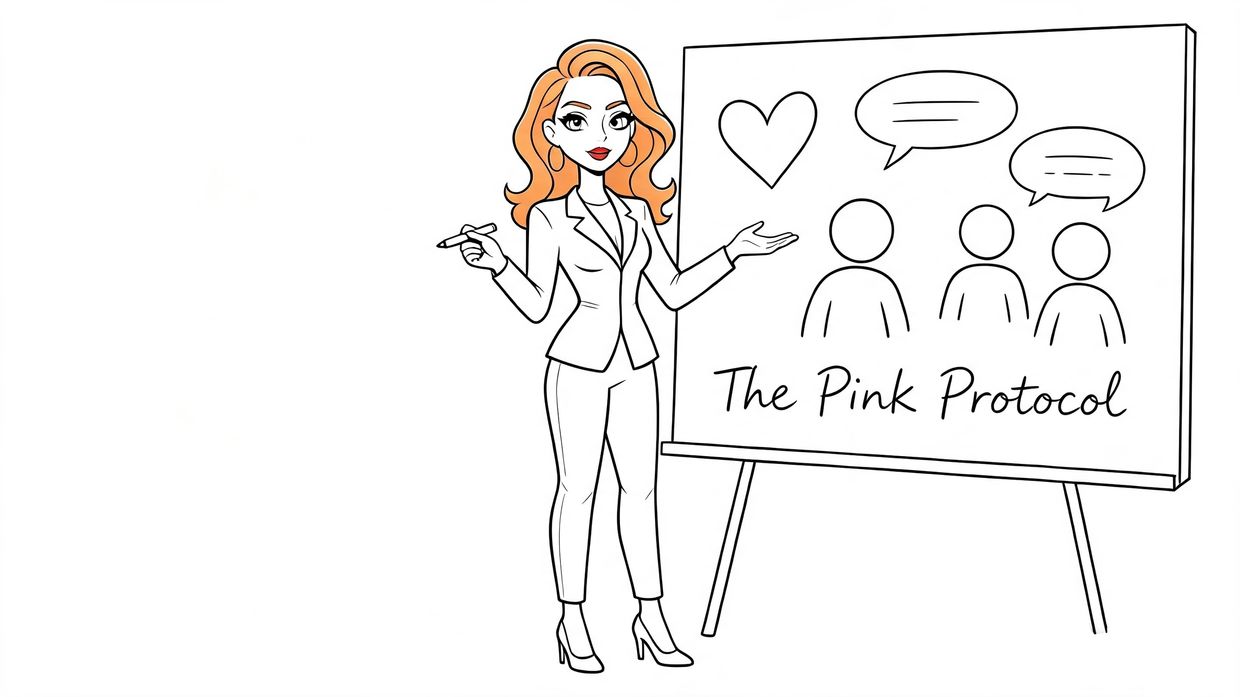Woman presenting 'The Pink Protocol' on a board.